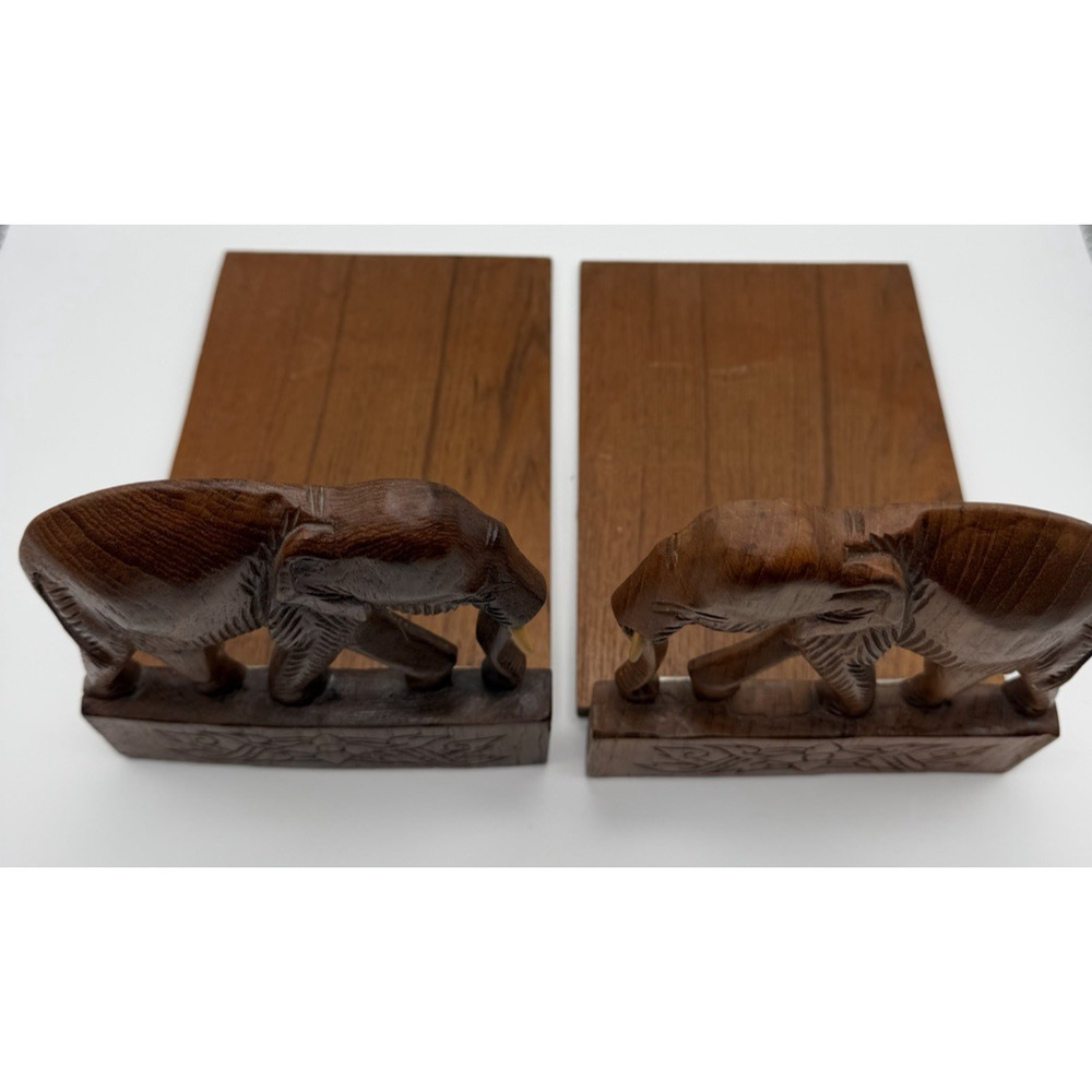 Vintage Wooden Carved Elephant Folding Bookends Set of 2 Brown Hand Carved - Picture 3 of 12